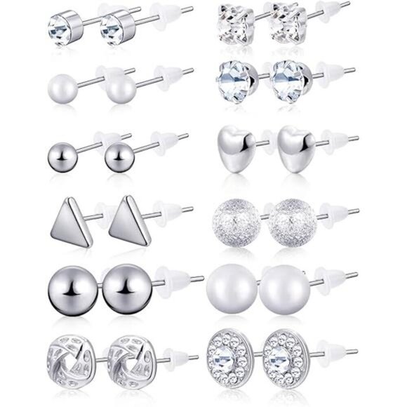 24 Pairs Stud Earrings Crystal Pearl Earring Set Ear Stud Silver Studs - Picture 7 of 7